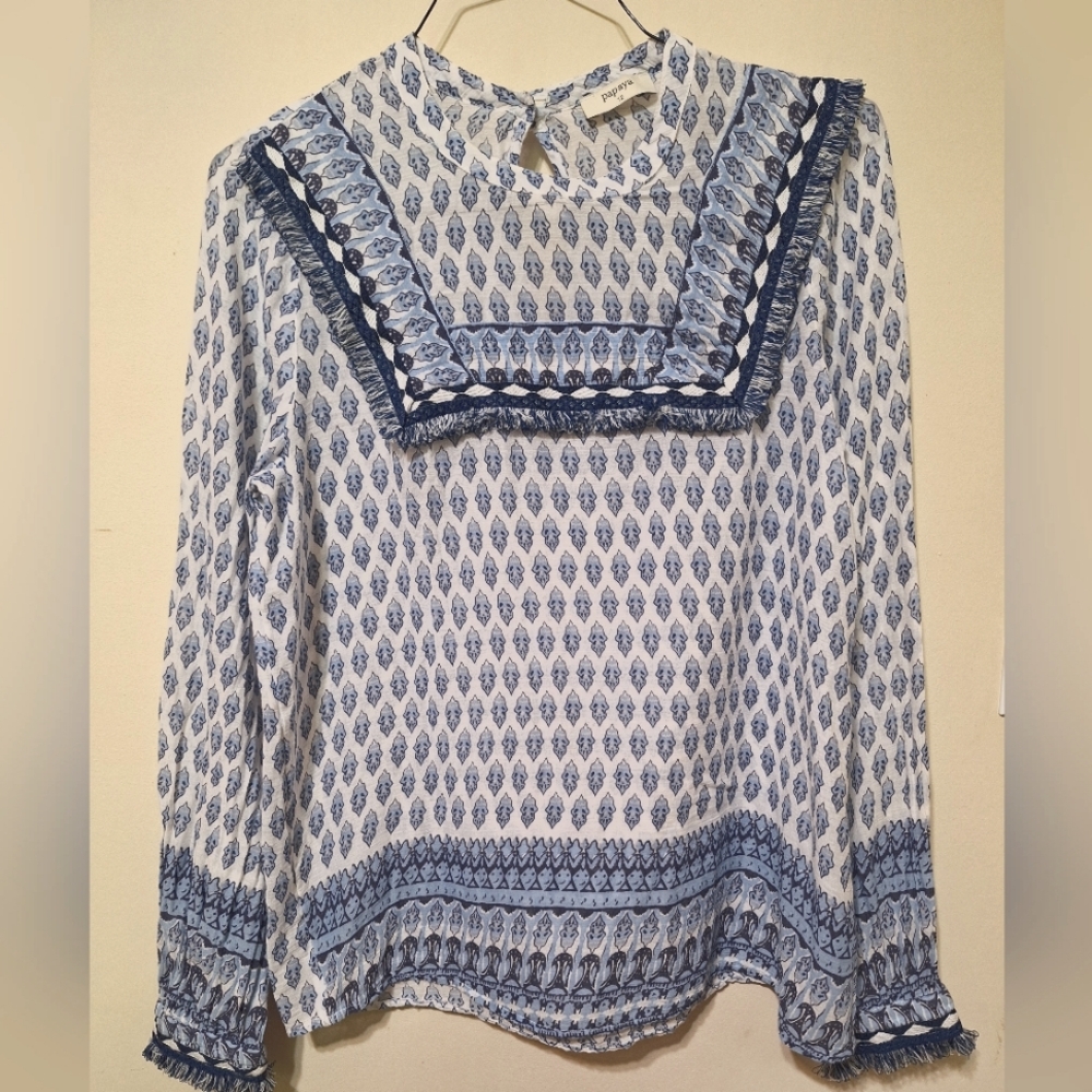 PAPAYA Women's Cotton western fringe sheer embroidered long-sleeved shirt blue